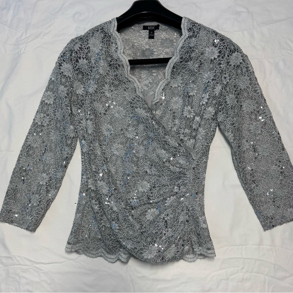 MSK Silver Lace Wrap Blouse - Picture 3 of 7